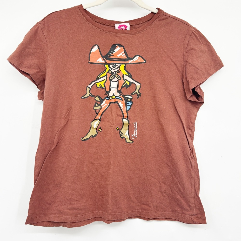 Fiorucci Womens Y2K Cowgirl Graphic Boho Western Retro T-Shirt Size XL Brown